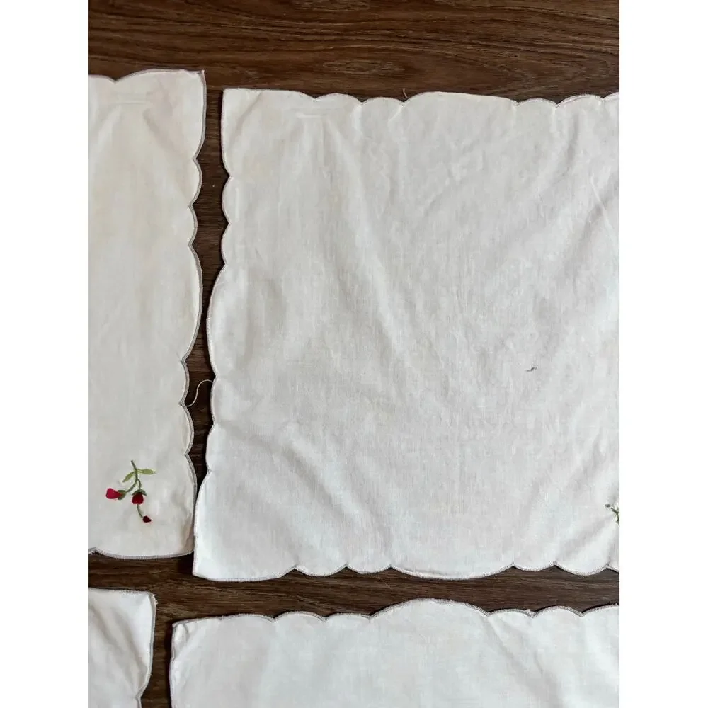 Vintage 5pc Cloth Napkins White Cotton Red Floral Rose Embroidery AS IS 15